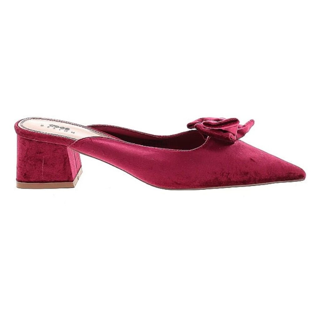 ASOS Wide Fit Burgundy Velvet Bow Pointed Mule Heels - Picture 3 of 3